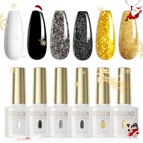 ROSALIND UV Nagellack Set Glitzerfarbe 6 Farben Weiß Schwarz Glitzer Grau Schwarz Gold Gel Nagellack Set Farbgel für Gelnägel Soak Off Nail Gel Polish Für UV Lampe Set
