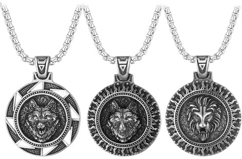 JewelryWe Schmuck 3pcs Wikinger Halskette Herren Retro Wolf Löwe Medaillon Anhänger mit 22 Zoll Kette Weizenkette Silber