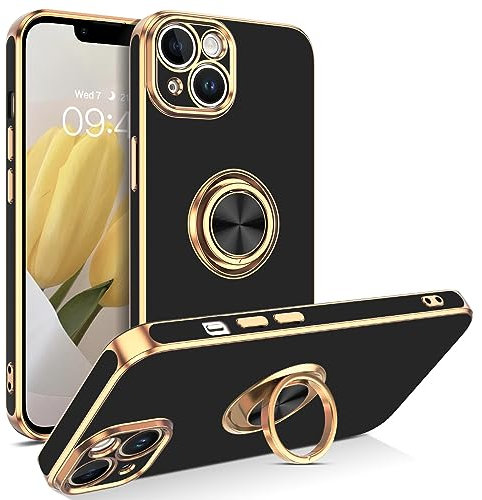 GUAGUA for iPhone 14 Case, iPhone 14 Phone Case with 360° Ring Holder Support Magnetic Car Mount for Women Men, Slim Kickstand Shockproof Protective Phone Cover for iPhone 14 6.1 inch, Black/Gold