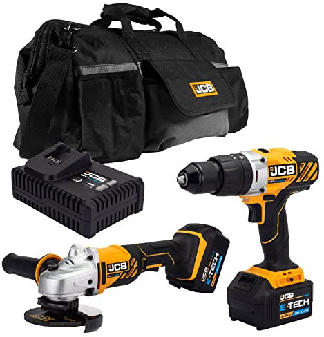 JCB 18V Cordless Combi Drill & 112mm Angle Grinder, 2X 5.0Ah Battery, Fast Charger, 20 Power Tool Kit Bag, 3 Year Warranty