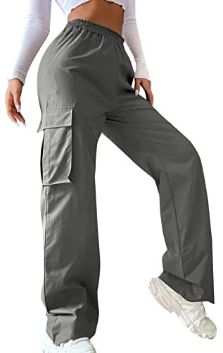 Odizli Cargohose Damen Baggy High Waist Y2K Fallschirm Hose Vintage Parachute Pants Hip Hop Freizeithose Klamotten Teenager Mädchen 90er E-Girl Streetwear Frauen Cargo Hosen mit Taschen Dunkelgrau S