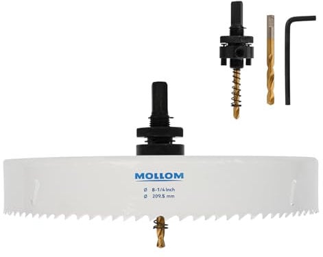 Mollom (209.5mm | 8-1/4) HSS M42 with 8% cobalt BI-Metal Hole Saw with 2 Pilot Drill Bits & Arbor Smooth Cutting for PVC,Drywall,Wood,Plastic,Gypsum Board,Rubber
