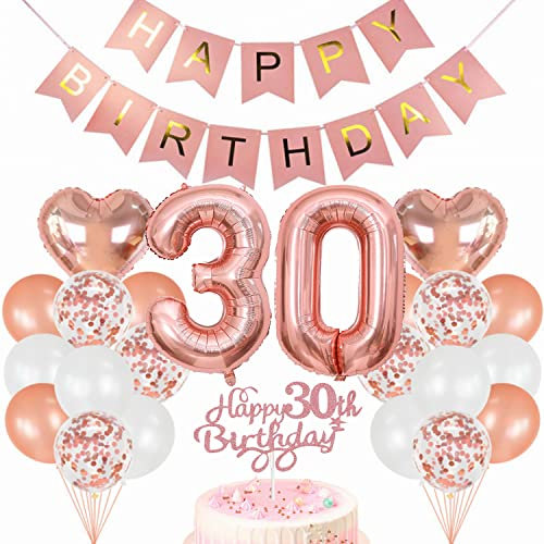 Conruich Geburtstagsdeko 30 Jahre Frau, Luftballon 30. Geburtstag Deko Set, Rosegold Tortendeko Geburtstag 30 Jahre Frauen, Ballon 30 Geburtstag Frau, Happy Birthday Banner Deko 30 Geburtstag Frau