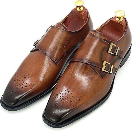Mocasines Estilo Italiano Retro para Hombre Zapatos Monk en Piel Genuina Mocasín sin Cordones con Correa con Hebilla Zapatos de Vestir de Fiesta de Oficina,Brown-42