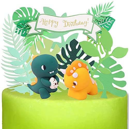 YGCHEN Dinosaurier Tortendeko Geburtstag Kuchen Dekoration Dino Figuren Kuchendeko Happy Birthday Cake Toppers Blätter Kindergeburtstag Dschungel Deko für Mädchen Junge 10 Stück