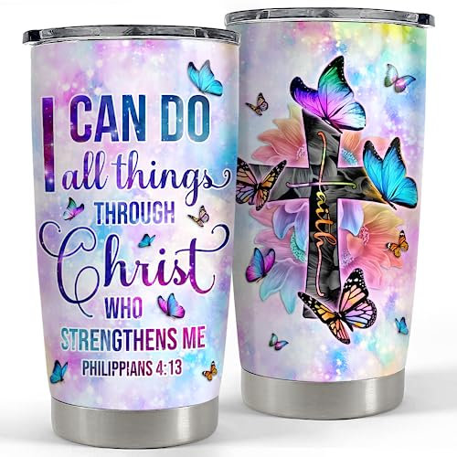 SANDJEST Christian Tumbler Becher mit Aufschrift I Can Do All Things, 590 ml, Christus-Tasse, Bibelvers, Kaffee-Reisebecher, inspirierend, religiöse Geschenke für Frauen, Geschenk für Geburtstag,
