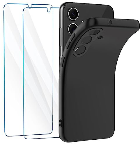 FLLAO Hülle Kompatibel mit Samsung Galaxy A34 5G Handyhülle mit 2 9H Stück Schutzfolie, Weiches Silikon stoßfest Schutzhülle - schwarz