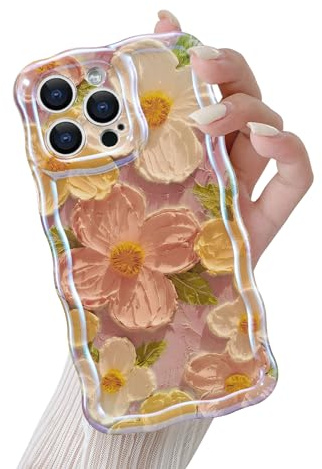 QLTYPRI Bunte Vintage Ölgemälde Blume Hülle für iPhone 15 Pro Max Handyhülle für Mädchen Frauen, Laserblume Lockiges Wellen Rahmenform Soft TPU Case Bumper Silikon Stoßfeste Schutzhülle - Rosa