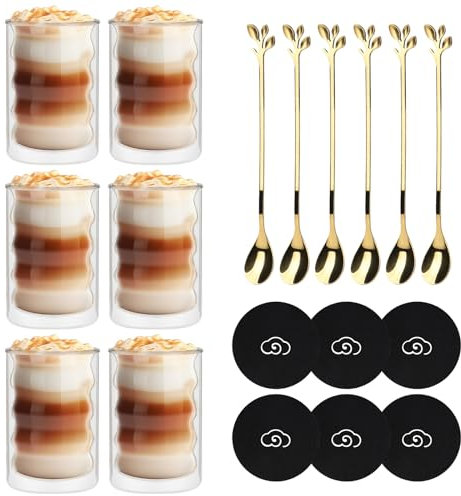 CPROSP 6 * 350ml Tasse à Café Double Paroi, Verre à Double Paroi pour Café Latte avec 6 Cuillère + 6 Sous-Verre, Tasses à Café en Cristal Résistantes à la Chaleur