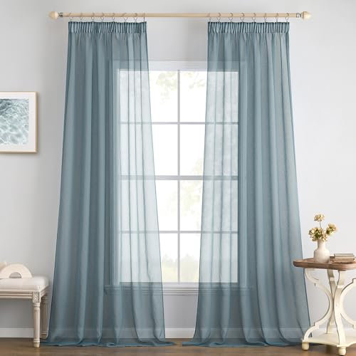 EMEMA 2er Set Sheer Voile Vorhang mit Kräuselband Transparente Gardine aus Voile Polyester Transparent Wohnzimmer Luftig Dekoschal für Schlafzimmer 140 X 260 cm (B x H) Staubiges Blau