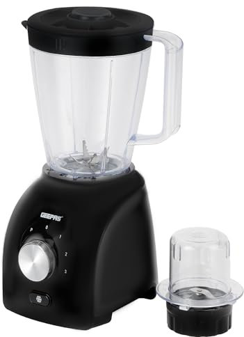 GEEPAS 2-in-1 Food Jug Blender | 1.8L Juice Jar & 60G Mini Coffee Spice Mill | 6-Leaf Stainless-Steel Blades 3 Speed & Pulse Smoothie Maker Turbo Button for Ice Crushing Overheat Protection 600W Black