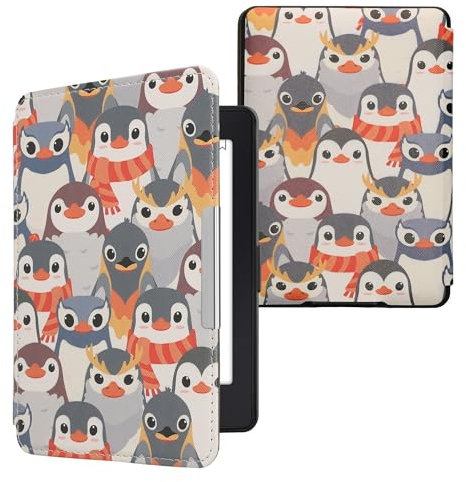 kwmobile Klapphülle kompatibel mit Amazon Kindle Paperwhite Hülle - eReader Case (für Modelle bis 2017) - Pinguine Grau Gelb Braun