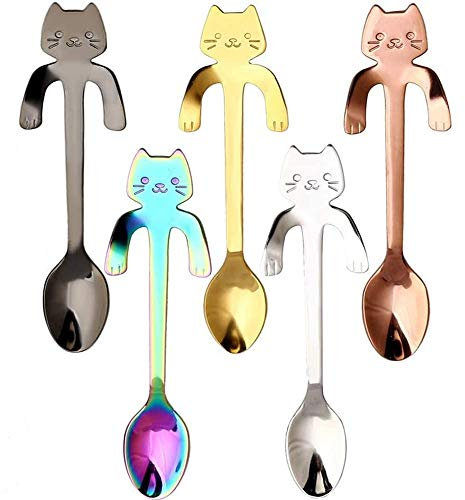 Oneroomone Cuchara de café de acero inoxidable, 5 piezas, cuchara de té para gatos, mini gatitos para agua, té, leche, café, sopa, azúcar, postre, aperitivo, especias, bebida, batido de leche