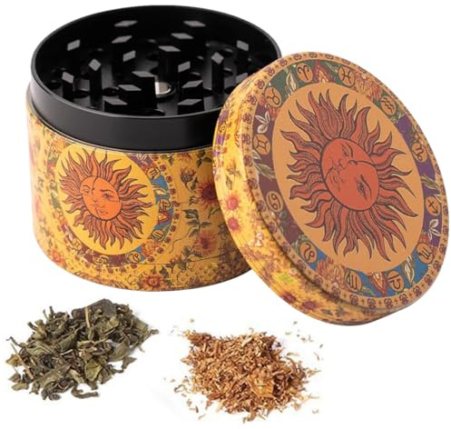 MPQDFG Pollen Grinder Crusher Kräutermühle Vintage Sun Kräutermühle Metall Mahlwerk Messerscharfes Mahlwerk für Gewürze Kräuter Pollen Vanille mit Pollenschaber 50 mm