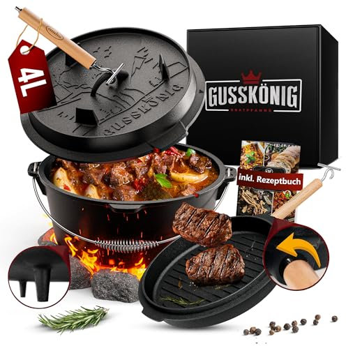 GUSSKÖNIG Dutch Oven Set - Eingebrannter Dutch Oven 4 Liter - Feuertopf Gusseisen mit Füßen - Schmortopf Doppelfunktion - inkl. 2in1 Deckelheber, DutchOven Rezeptbuch [für 1-3 Personen]