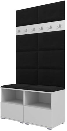 RAVIO Garderoben-Set NELA III mit Gepolstertes Paneel/Wandpaneel, Wand-Garderobe mit Zwei Schuhschränke, 100cm Flurgarderobe, Kompaktgarderobe (Weiß + Schwarz (Trinity 16))