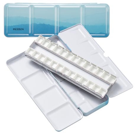 MEEDEN Leere Aquarell Malkasten: Reise-Tuschkasten mit 26 halben Pfannen - tragbare Metall Wet Dose für Gouache Watercolor, Künstler Studenten (Blau)