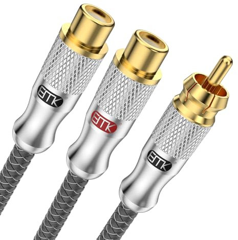 EMK Câble d'extension RCA plaqué or 1 mâle vers 2 femelles - Design blindé pour caissons de basses, téléviseurs et cinéma maison (30 cm)
