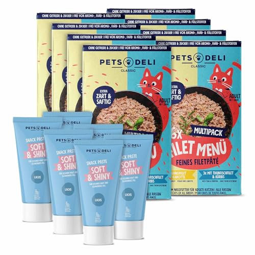 Pets Deli Bundle für Katzen mit Filet Menü Nassfutter Multipack und Soft and Shiny Snack Paste 960g