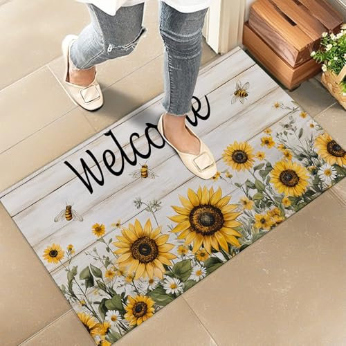 amepay Sunflower and Bees Welcome Indoor Door Mat – Stylish 17x29.5in Non-Woven Fabric Floor Doormat with Cute Wooden Design, for Porch Insider,Bedroom,Living Room - Rustic Farmhouse Decor Rug Gifts