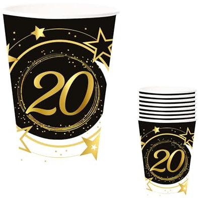 FIESTAS GUIRCA | 6 Gobelets Jetables de 20 Ans (240 ml) (9 cm) - Décoration de Table pour Fêtes - Idéal pour Célébrations et Événements - Noir, Or, Blanc