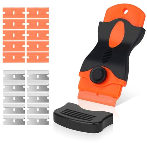 Flintronic Raschietto, Testa Singola Raschietto Vetroceramica con 20 Lame(10 in Acciaio Inox e 10 in Plastica), Set di Pulizia Multifunzione, Strumento di Pulizia per Finestre, Piastrelle-Arancione