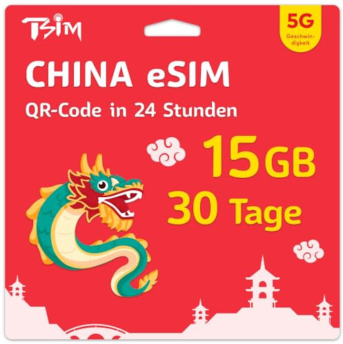 TSIM China eSIM 30 Days | 15GB High Speed Data | Auto Activating | Hotspot Sharing Allowed|eSIM QR Code Sent by email Within 24Hrs of Shipping|Scan QR Code and use Immediately | Data Only No Voice