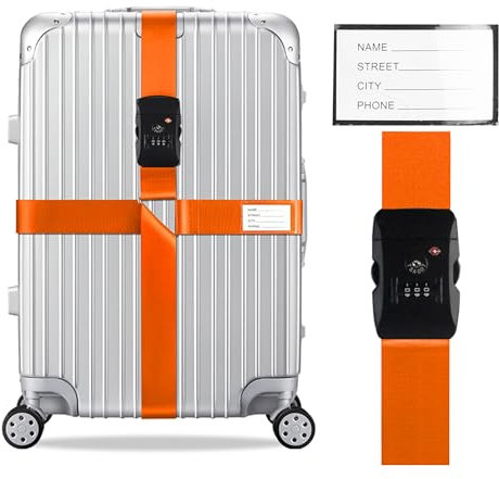 Veki Ensemble de Sangle de Bagage Croisées Approuvées TSA avec Verrou Ceintures de Valise de Voyage Réglables avec Carte d'identification et Sangles de Rangement pour Valises (Orange, 1 pièce)
