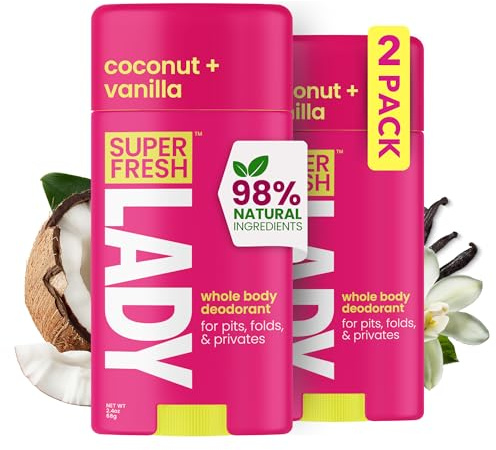 Super Fresh Lady Natural Deodorant Stick for Women Aluminum Free Whole Body Odor Control for Armpits Underboob Thighs Crotch and Lady Parts Coconut Vanilla Scent Twin Pack for Sensitive Skin Freshness