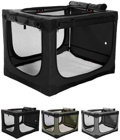 derimkcoa Hundebox faltbar für mittlere Hunde,Hundetransportbox Auto mit verstellbarem Design, reißfesten Netzfenstern & Plüsch-Betteinlage für Zuhause & Reise,90 * 64 * 64cm,Schwarz