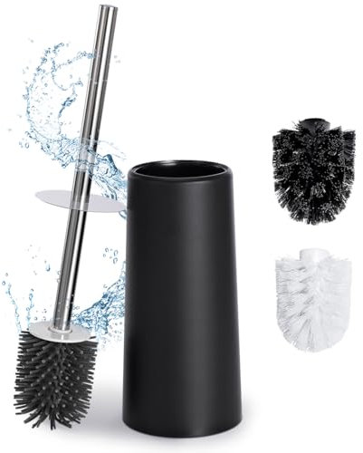 Fourindo Klobürste Silikon,Toilettenbürste Edelstahl Inklusive 3 Wechselbar Bürstenköpfe(Weiß,Schwarz,Silikon) Schnell Trocknende WC Bürste & Klobürstenhalter ohne Wandmontage für Badezimmer