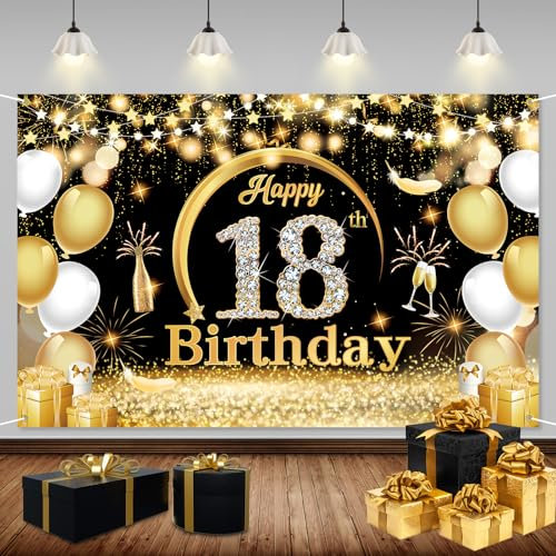 ZAHRVIA 18 Geburtstag Banner Schwarz Gold, 18 Geburtstag Party Dekorationen, 18 Geburtstag Hintergrund Banner, Stoff Schild Poster Hintergrund zum18.Geburtstag für Party Deko Geburtstag Jungen Mädchen