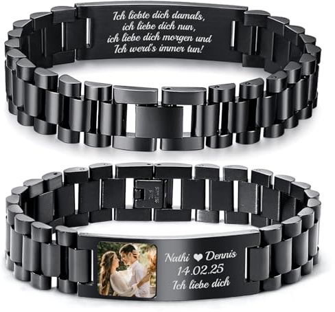 Personalisierte Foto Armband mit Gravur Herren - Verstellbare Edelstahl Armbänder mit Gravierte Namen Text Bild für Ihn Mann Papa Ehemann Freund, Personalisiertes Geschenke für Männer Valentinstag