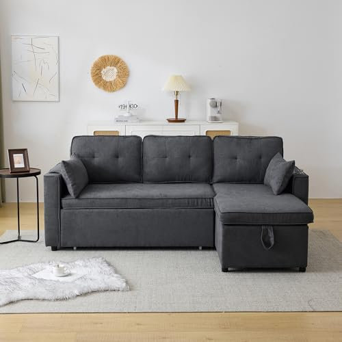 3-in-1 Convertible Sofa Bed with Internal Storage Chaise, L Shaped Sleeper Sofa Couches with Cup Holders, Pillows and Storage Pocket, Pullout Sectional Daybed for Living Room/Bedroom/Office (Grey)