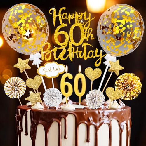Tortendeko 60 Geburtstag, 20 Pcs Cake Topper Gold 60. Geburtstag Deko, Happy 60th Birthday mit Geburtstagskerzen, Kuchen Deko für 60.ter Mann Frau