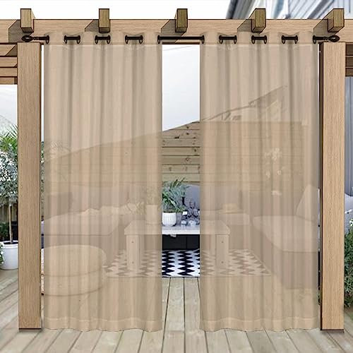 Halbtransparente Vorhänge für den Außenbereich, wasserfest, Khaki, Leinenoptik, für Terrasse, Lichtfilterung, Voile, Außenösen, Vorhänge für Pergola, Balkon, Pool, Innen- und Außenbereich, 2 Paneele,