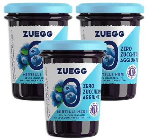 3X Confettura ZERO Mirtilli Neri, Marmellata Zero Zuccheri Aggiunti, Vegano e Senza Glutine, per zuegg 220g