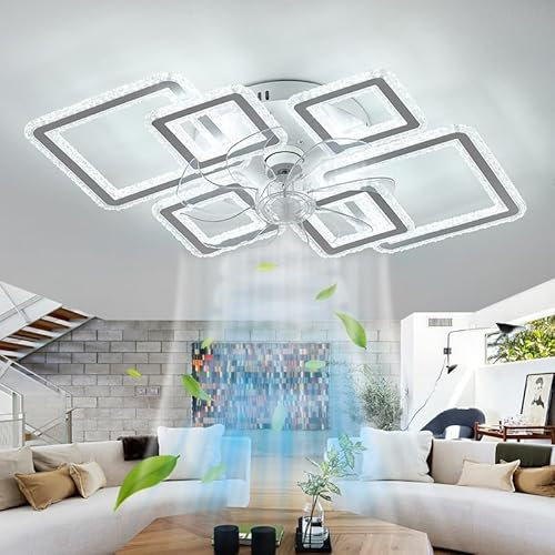 Lampara Ventilador Techo Grande Marco Cuadrado Moderno Smart Ventilador de Techo con Luz Y Mando A Distancia Regulable Memoria Cristales Ceiling Fan With Light 6 Velocidades Reversible Salón