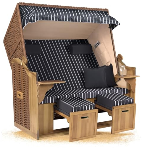 Strandkorb Hanse Ostsee XXL 2,5 Sitzer Volllieger Natur Beige 150cm breit, ideal für Garten, Terrasse und Balkon (Grau Weiß Nadelstreifen, Montiert)