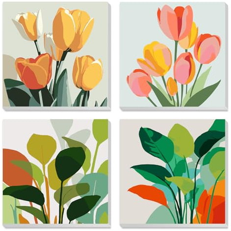 MXJSUA 4 Pack Tulips Green Plant Framed Paint by Numbers Kit with Canvas for Adults Beginner, DIY Acrylic Oil Painting Kits with Brushes for Home Wall Decor Gift (20x20cm)