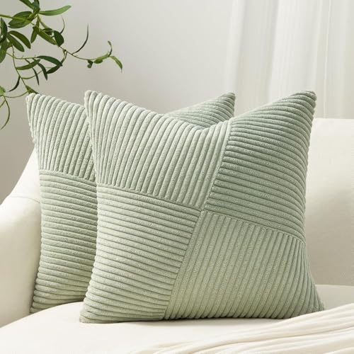Topfinel Kissenbezug 80x80 Grün Kordsamt 2er Set Windmühle Streifen Muster Kissenbezüge Kissenhülle Dekokissen Sofakissen Patchwork Design Deko Wohnzimmer Bett Schlafzimmer Sofa
