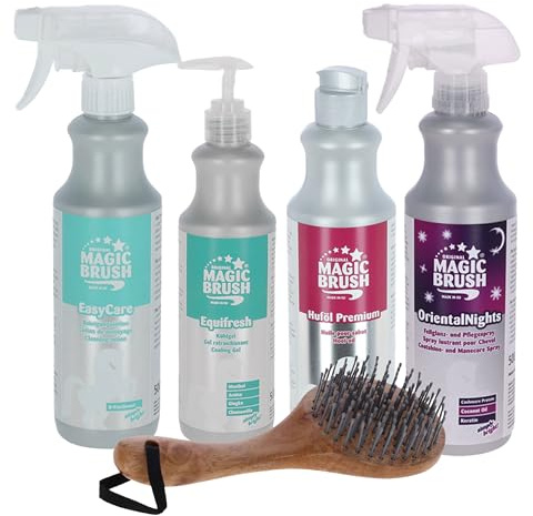 MagicBrush Pflegeset für Pferde | Reinigungslotion mit D-Panthenol, Kühlbalsam, Glanzspray, Huföl & Langhaarbürste | Haut, Fell, Mähne & Hufe Pflege