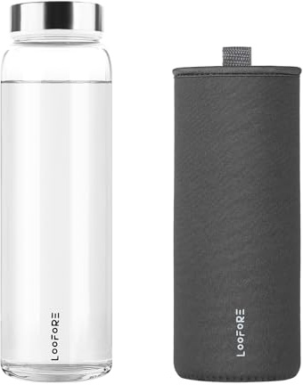 LOOFORE Glass Water Bottle 1000ml 1L with Wide Mouth and Neoprene Sleeve | Reusable, Bpa Free, Eco Friendly, Leakproof, Borosilicate Glass Drinking Bottle for Fitness, Sports & Workout, Daily, 1 Pack