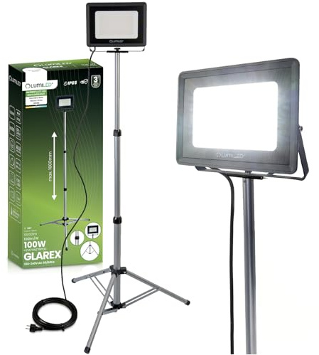 Lumiled Baustrahler LED mit Stativ 10000lm Gesamtleistung 1x100W Arbeitsleuchte 4000K Höhenverstellbar bis 160cm Teleskopstativ IP65 360° Drehung Werkstattlampe für Baustelle Garage Außen Kabel 1.8m