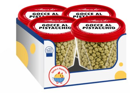 Amato Gocce al Pistacchio 80 g, Gocce al Gusto Pistacchio per Dolci, Biscotti, Muffin, Cupcake e Dessert, Vasetto Richiudibile, Confezione Multipla 4/8/12 Pezzi (4 PEZZI)
