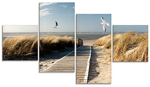ARTLAND Wanddeko Glasbilder Wandbild Glas Bild Set 4 teilig 120x70 cm Querformat Strand Meer Nordsee Küste Möwen Himmel Steg Natur Landschaft Dünen T9NJ