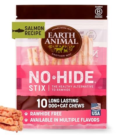 Earth Animal No Hide Stix - Long Lasting Rawhide Free Small Dog Chews Sticks, Salmon - 10 Count