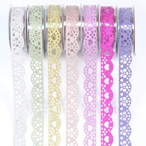 moinkerin 7 Rollen Washi selbstklebend Klebebänder Spitzenband Bunte deko farbige Klebeband, Glitter Dekoband, DIY Scrapbook self Adhesive lace Tape