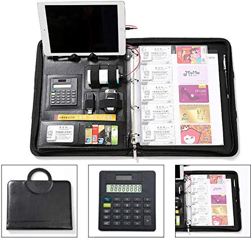 Konferenzmappe mit Reißverschluss, A4, Leder, mit Ringbuch, A4-Schreibblock, Kartenhalter, Taschenrechner und Notizbuch, Business-Dokumentenmappe