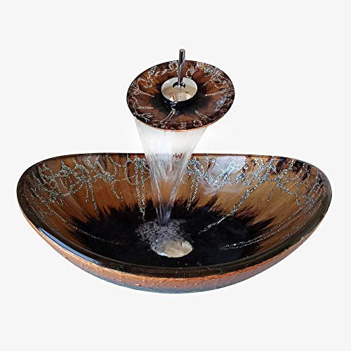 HomeLava Vasque à poser oval verre trempé d'or et noir avec robinet pour salle de bains toilettes